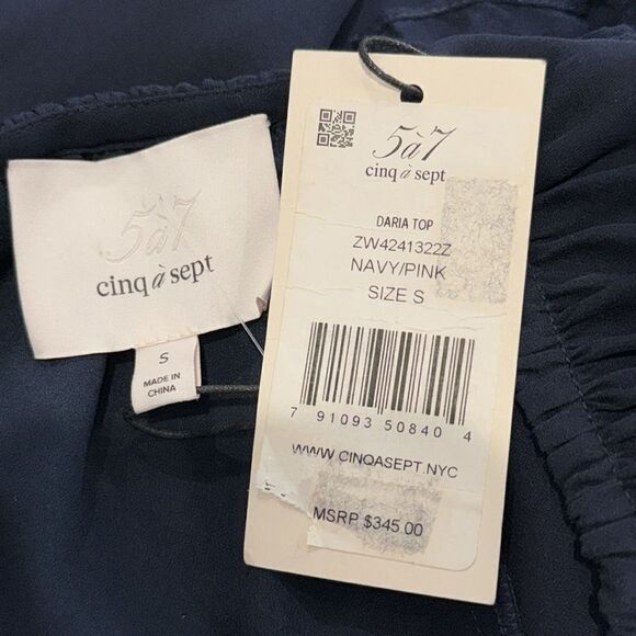 NWT Cinq A Sept Daria Split Neck Silk Blouse Navy Blue Small - Picture 10 of 12